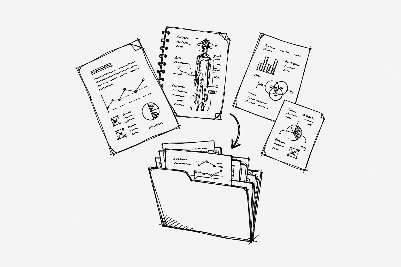 Workshop sketch of research documents gathered into a folder